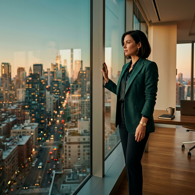 Mulher executiva olhando a cidade de um prédio corporativo