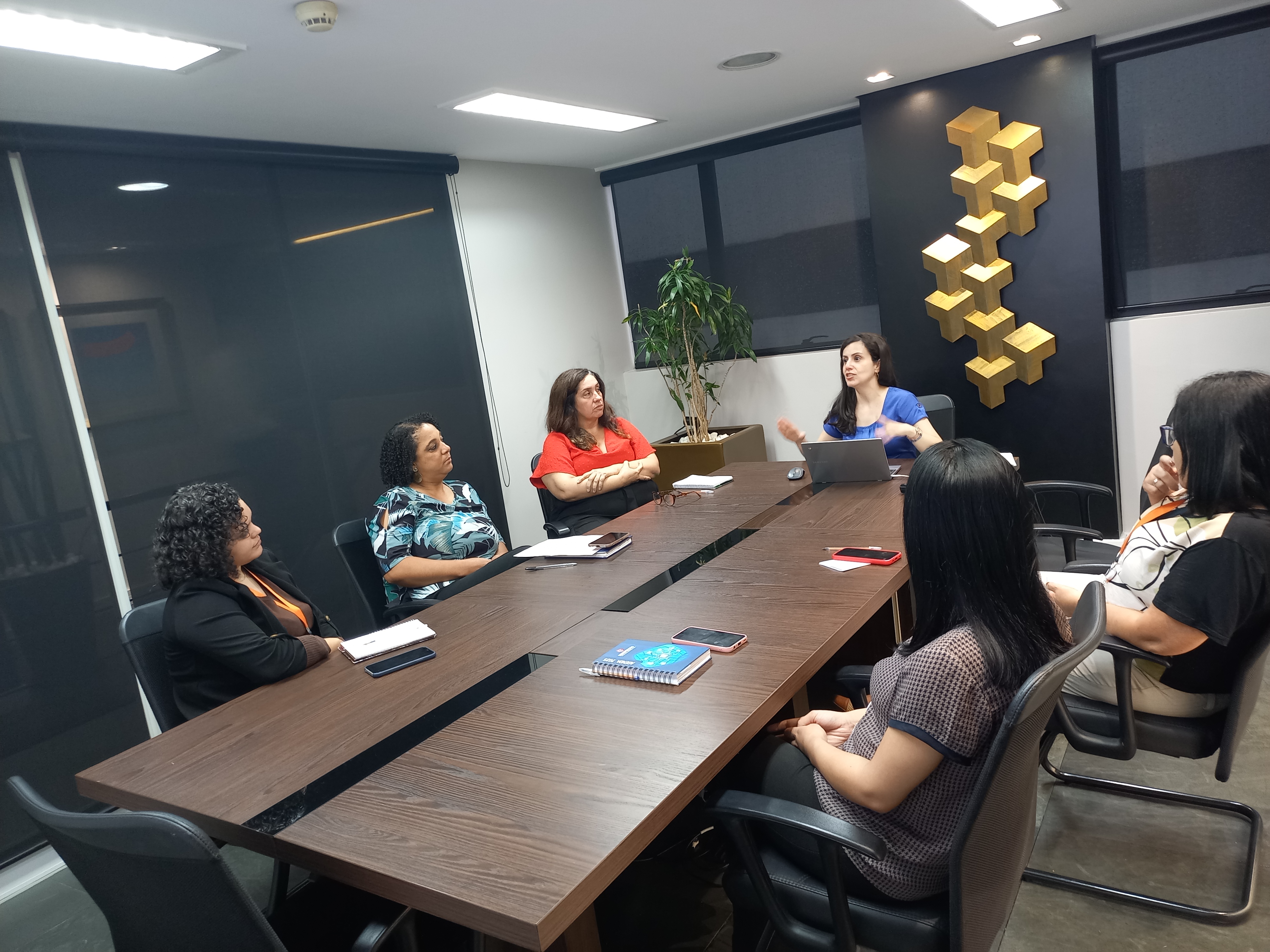 Flávia em reunião com equipe